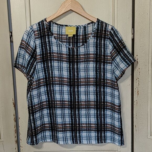 Maeve Blouse Medium Plaid Blue Brown Top Lightweight Semi Sheer - Picture 1 of 7